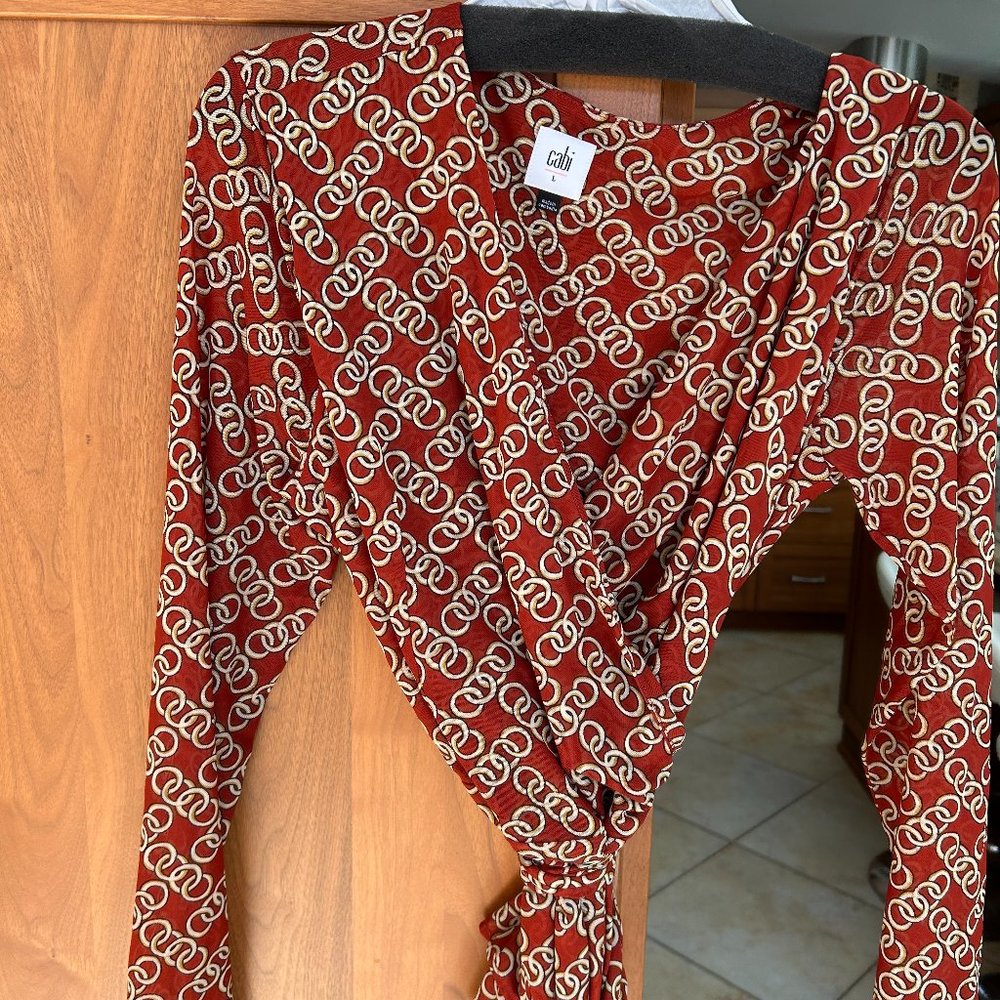 Cabi 3951 Ringleader Wrap Stretch Long Sleeve Top Mesh Signet Chain Print L NWOT